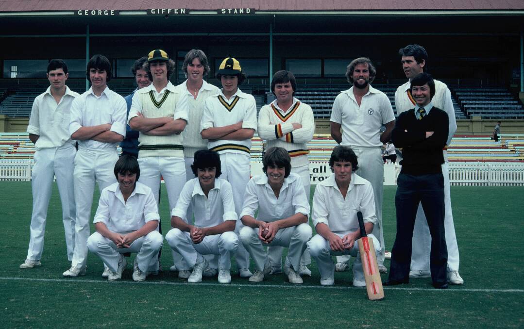 Barry Nicholls pictured holding a cricket bat when he played with David Hookes and John Inverarity (back row) and played against Tonbridge at Adelaide Oval. Photos supplied.