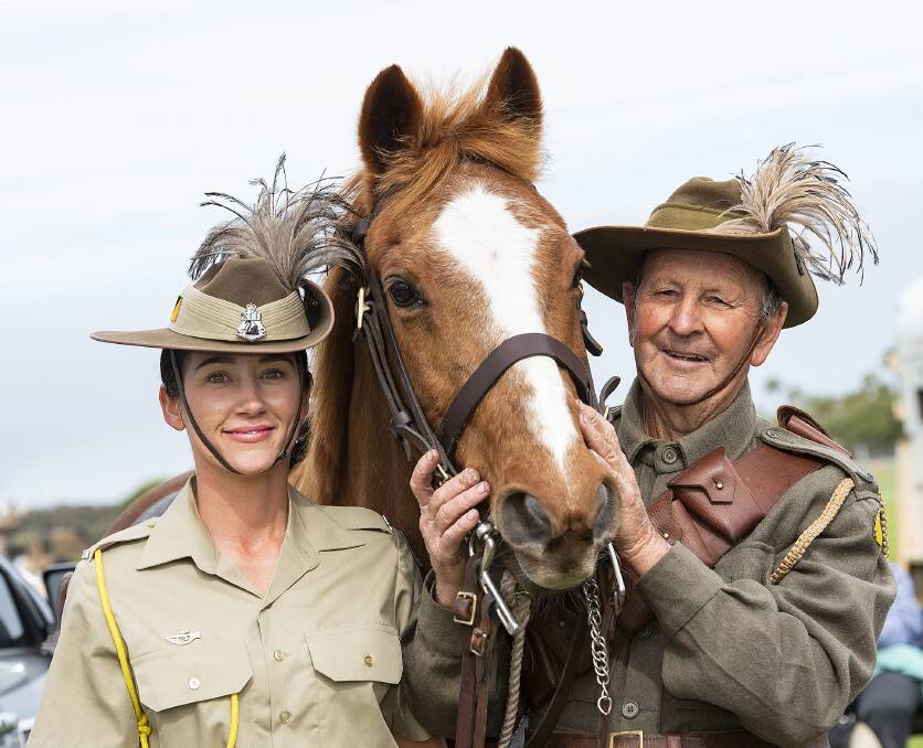 Private Jess Van Wees of the 10th Light Horse with Harry Ball and Bluey. It was her regiments and Harry's birthday. Photo by David Bailey.