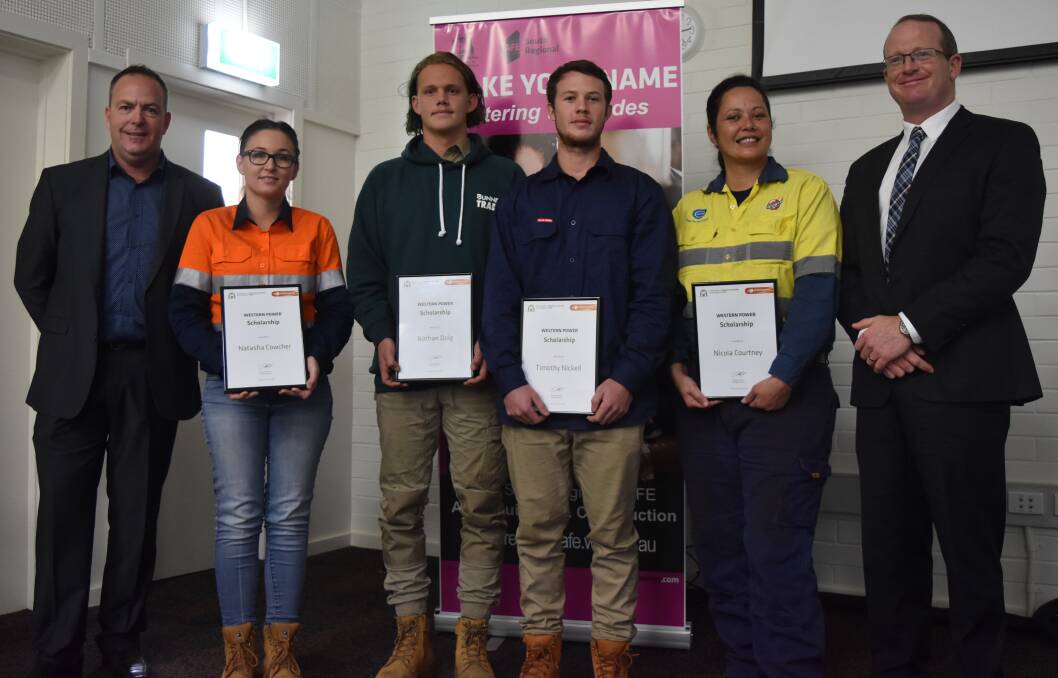 Western Power acting area manager David McMillan, scholarship recipients Natasha Cowcher, Nathan Doig, Timothy Nickell and Nicola Courtney and South Regional TAFE managing director Duncan Anderson. Photo: Kaylee Meerton.