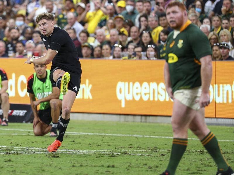 Jordie Barrett kicks the match-winning penalty for the All Blacks against South Africa.