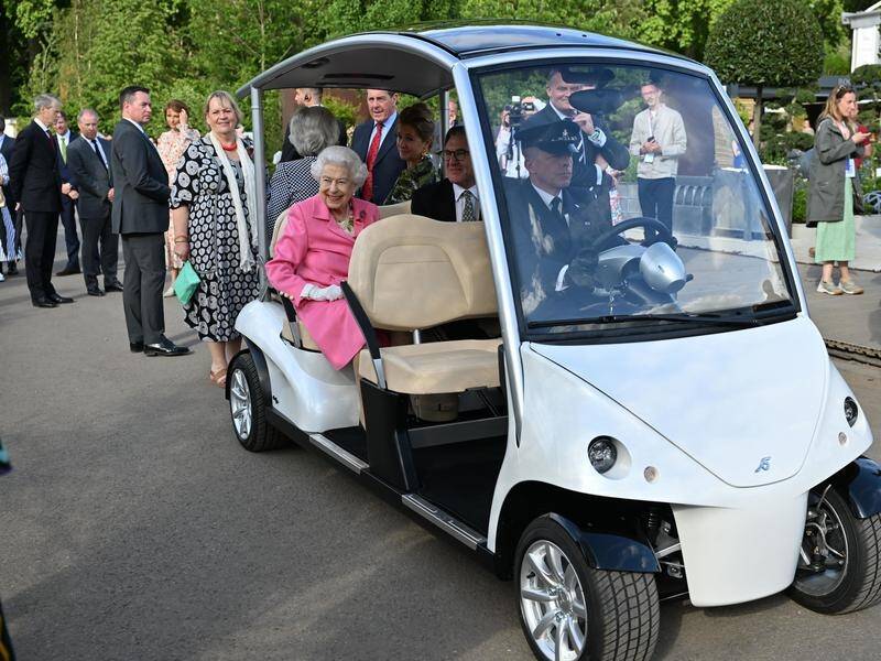 The Queen, who has mobility problems, has arrived at the Chelsea Flower Show in London in a buggy.