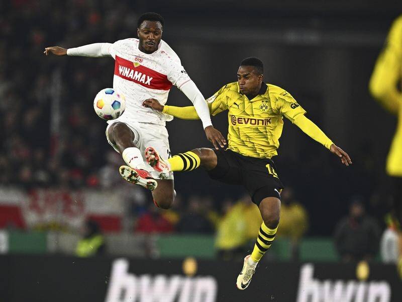 Stuttgart goal-machine Serhou Guirassy (left) in German Cup action against Borussia Dortmund. (AP PHOTO)