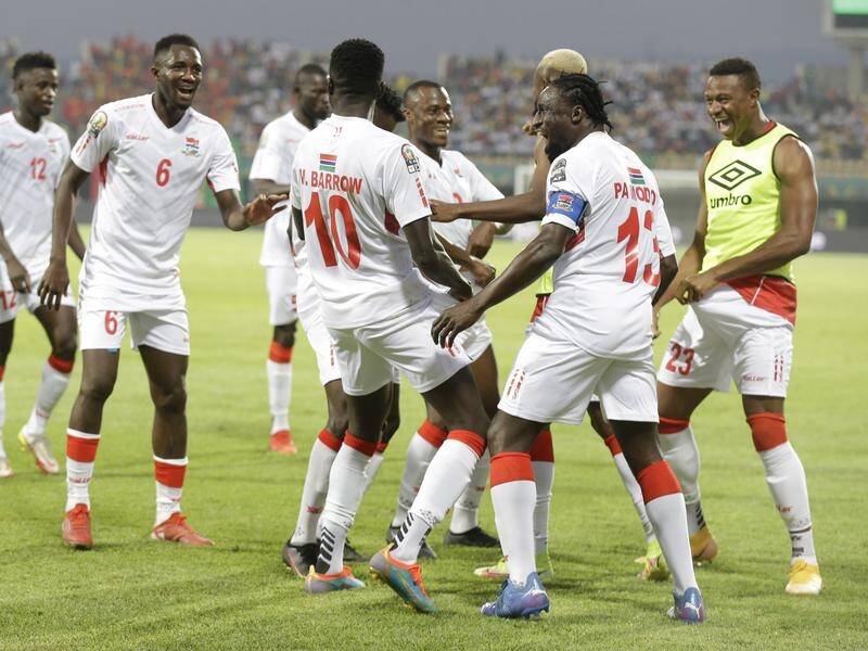 Gambia's Musa Barrow (10) celebrates his winning goal against Guinea in the Afcon round of 16.