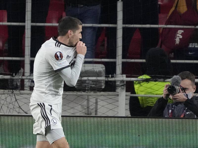 Lirim Kastrati celebrates his winning goal in Legia Warsaw's Europa League win at Spartak Moscow.