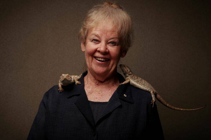 Professor Jenny Graves with bearded dragons she named Malcolm and Bill for the announcement she was awarded the Prime Minister's Prize for Science at Parliament House Canberra on Wednesday 18 October 2017. Fedpol. Under embargo until 1700hrs Wednesday 18 October 2017. Photo: Andrew Meares 