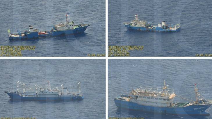 Surveillance pictures of Chinese coast guard ships and barges at the Scarborough Shoal in the South China Sea.  Photo: Philippine Government via AP
