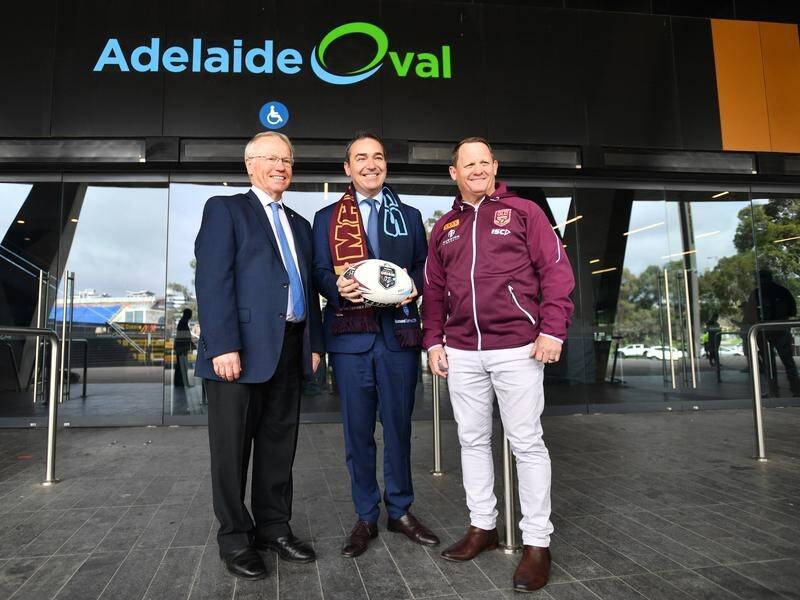 ARL Chairman Peter Beattie, SA Premier Steven Marshall and Qld coach Kevin Walters at Adelaide Oval.