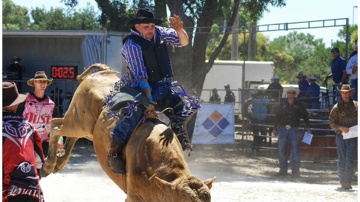 Hold on: Mick Austen keeps a steady grip on the bull at the Esperance Rodeo. Photo: Liz Langdale/Esperance Express.