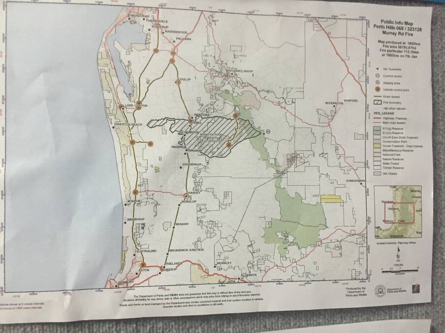The Department of Fire and Emergency Services map showing the area affected by the Waroona bushfire as of 8pm Thursday night. 