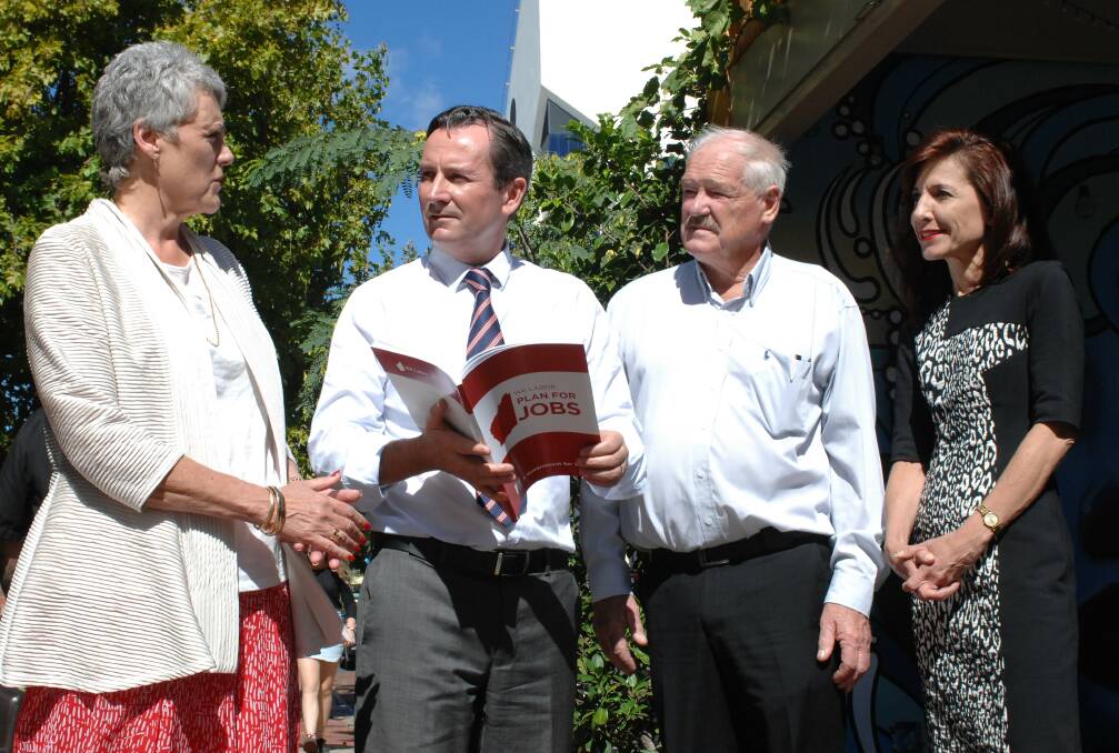 Federal Labor candidate Lorrae Loud, WA opposition leader Mark McGown, Member for Collie-Preston Mick Murray and South West MLC Adele Farina discussing WA Labor's Plan for Jobs in Bunbury on Tuesday. Photo: Jeremy Hedley. 