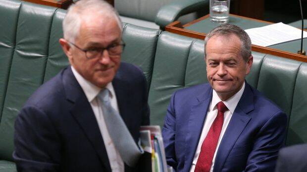 Malcolm Turnbull and Bill Shorten during a vote that Barnaby Joyce no longer be heard during question time. Photo: Andrew Meares
