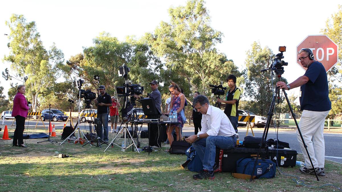 The media contingent  at Pearce RAAF base on March 20. Pic: Getty Images
