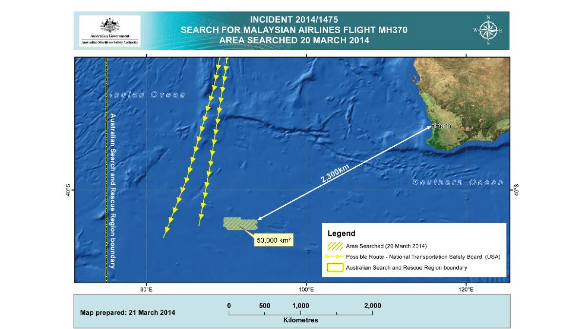 The search area covered on Thursday in the search for missing Malaysian Airlines flight MH370.
