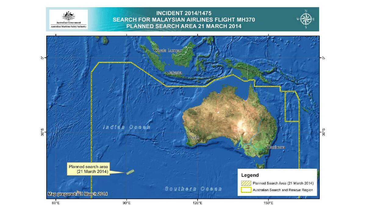 The search area set to be covered on Friday in the search for missing Malaysian Airlines flight MH370.