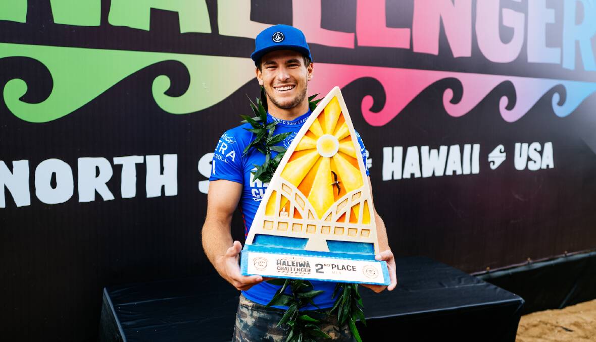 Margaret River's Jack Robinson scored an excellent 16.40 heat total in the Round of 64 and an 8.33 wave in the Semifinals of the WSL Haleiwa Challenger to take second place behind John John Florence. Photo: WSL 