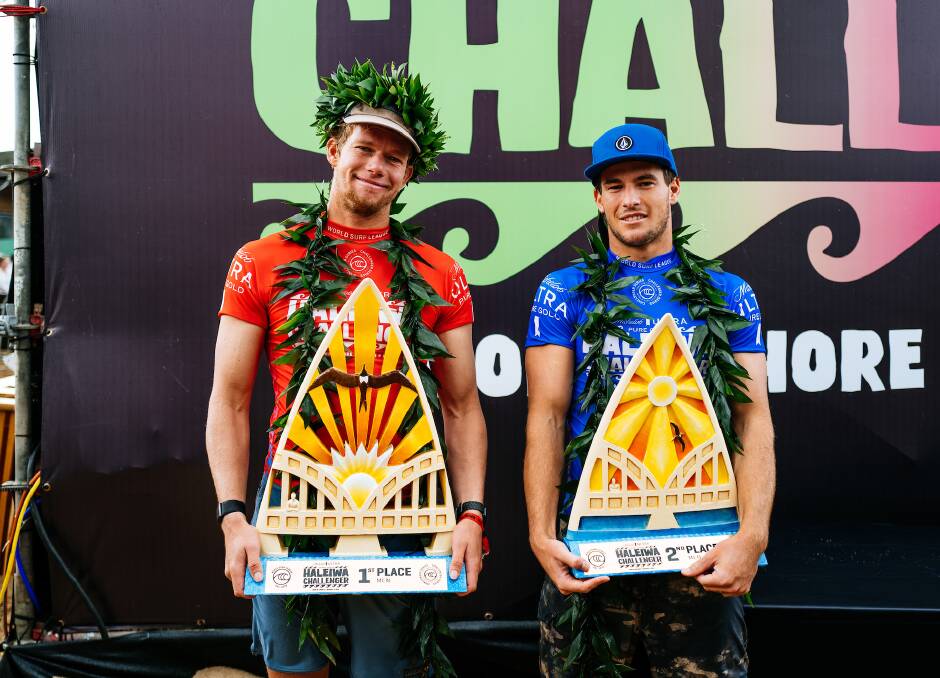 Winner John John Florence and runner up Jack Robinson at the WSL Michelob ULTRA Pure Gold Haleiwa Challenger. Photo: WSL