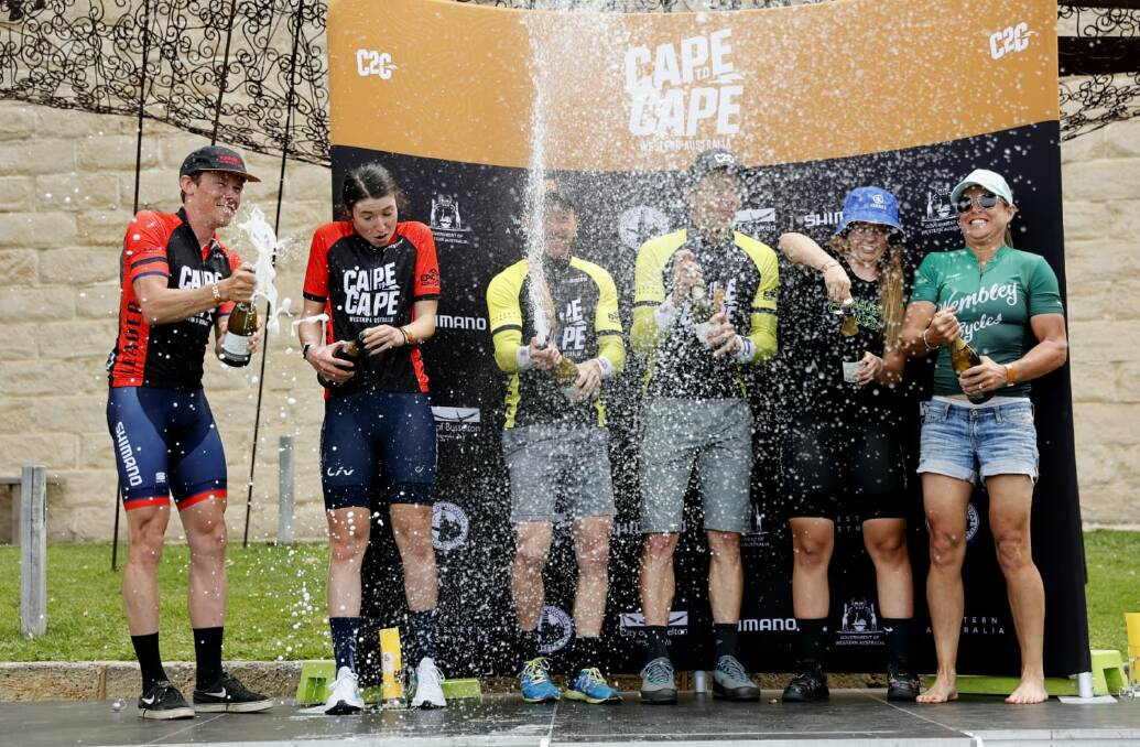 The men's, women's and mixed pairs winners at Cape to Cape MTB 2021. Photo: Daniela Tommasi.
