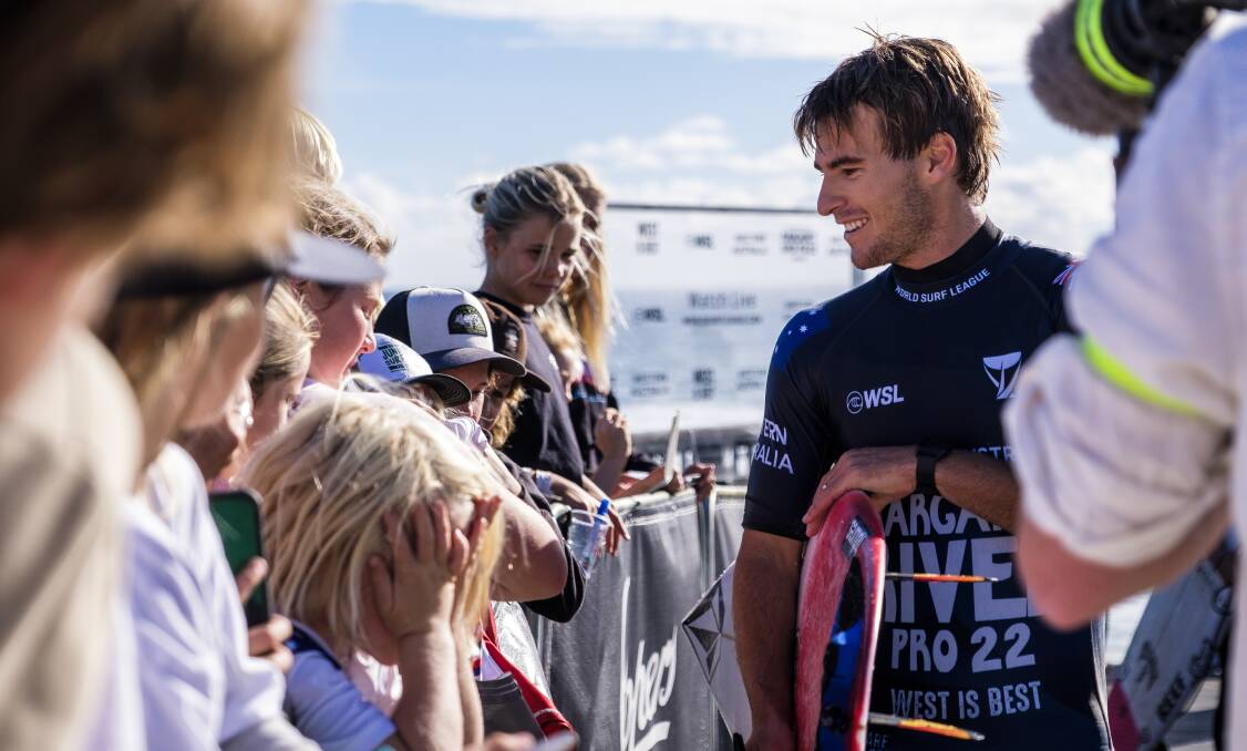 Local hopeful Jack Robinson chats with young fans at Surfers Point, Margaret River on April 29, 2022. Picture: WSL/Hughes