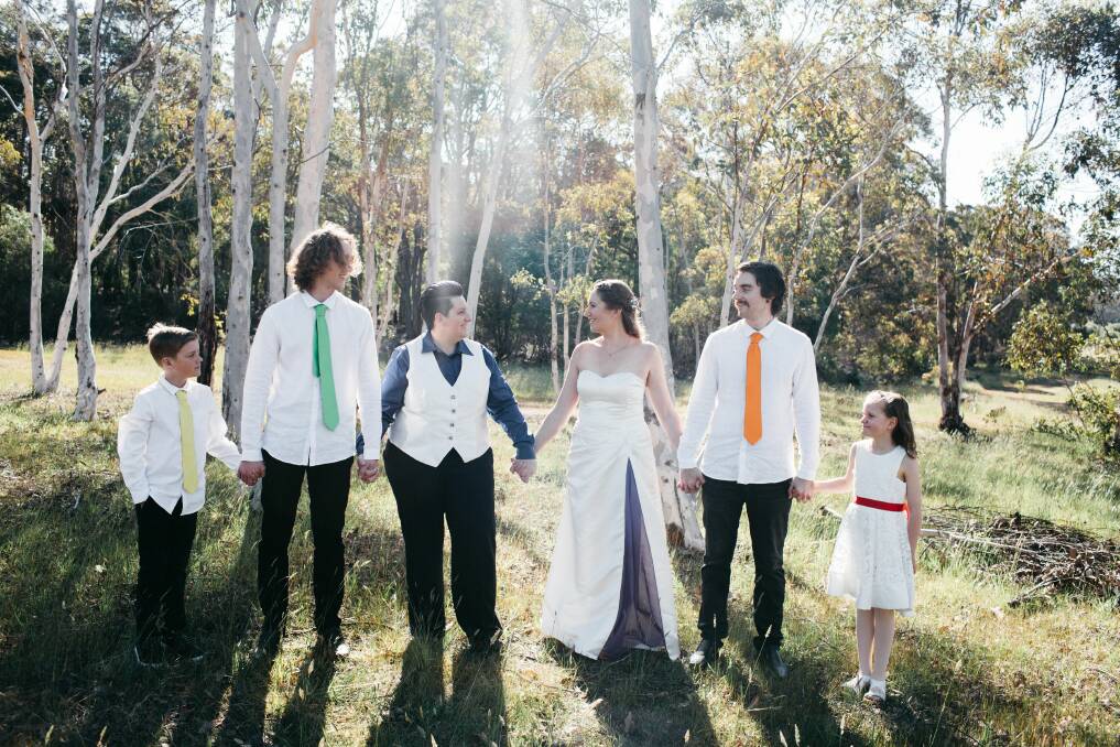 Nic and Wendy Hendry (centre) with their four children on their wedding day in Margaret River. Photo: Kelly Harwood Photography