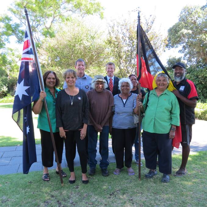 The Journey to Recognition walk will reach Bunbury next Wednesday. Pictured is (back) City of Bunbury Mayor Gary Brennan, Goomburrup Aboriginal Corporation chief executive Paul O’Neill and (front) corporation members Lera Bennell, Dellas Yarran, Mingo Hart, Violet Bennell, Gloria Dann and Troy Bennell.  