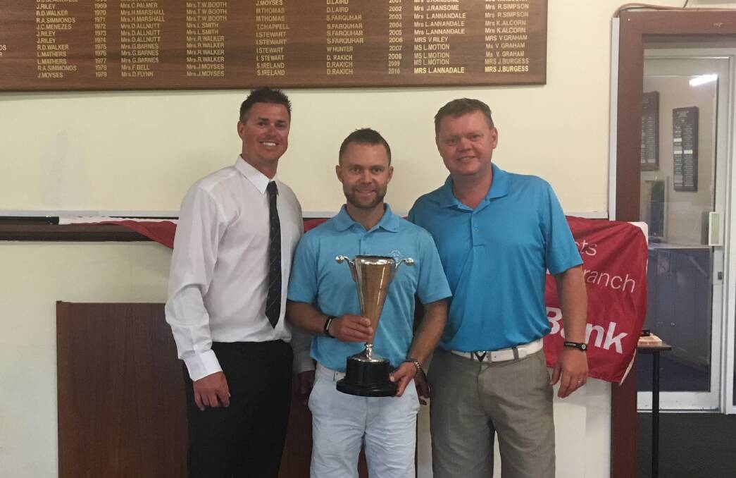 Collie Golf Club president Regan Old with Michael Golinski who overcame older brother Greg in last weekend’s Riverside Open. Photo: supplied.